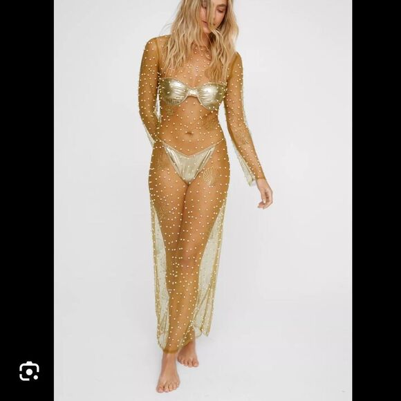Nasty Gal gold shell pearl maxi beach dress coverup sheer small s - Picture 5 of 10